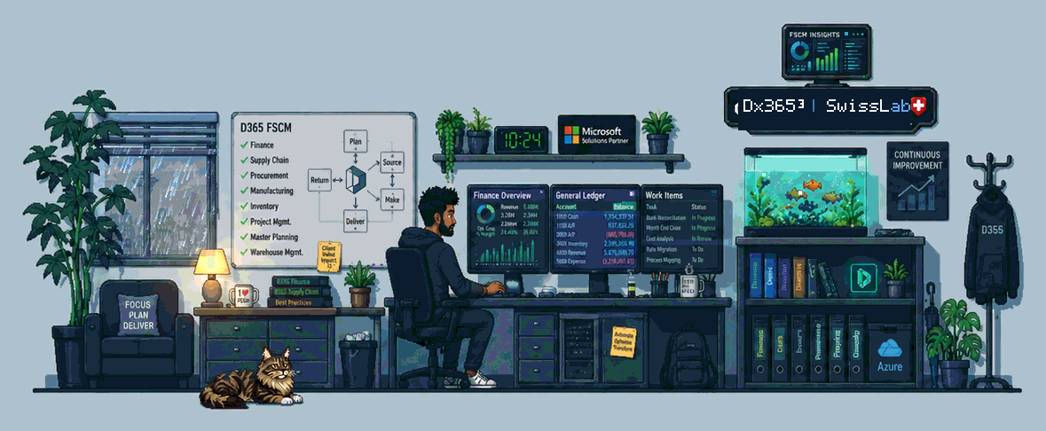 Pixel-art illustration of a Dynamics 365 Finance and Supply Chain consultant workspace with dashboards, a Maine Coon cat, an aquarium and the Dx365³ | SwissLab sign