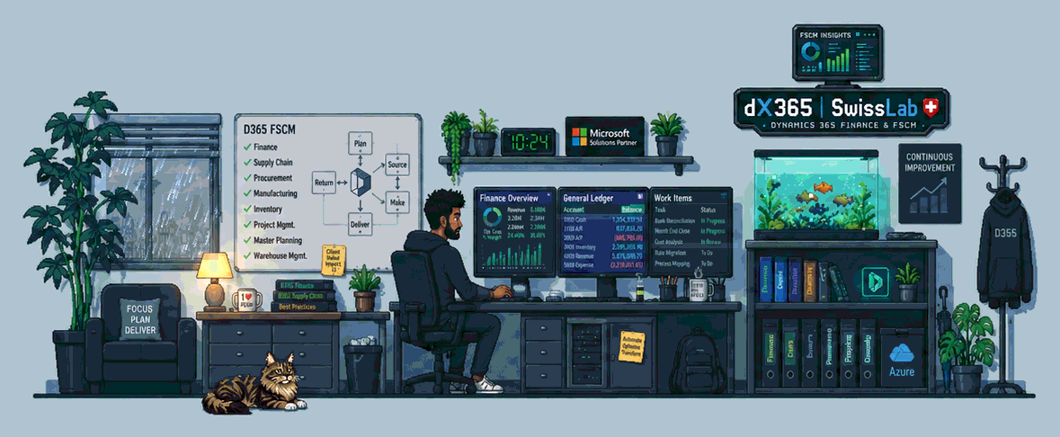 Pixel-art illustration of a Dynamics 365 Finance and Supply Chain consultant workspace with dashboards, a Maine Coon cat, an aquarium and the dX365³ | SwissLab sign